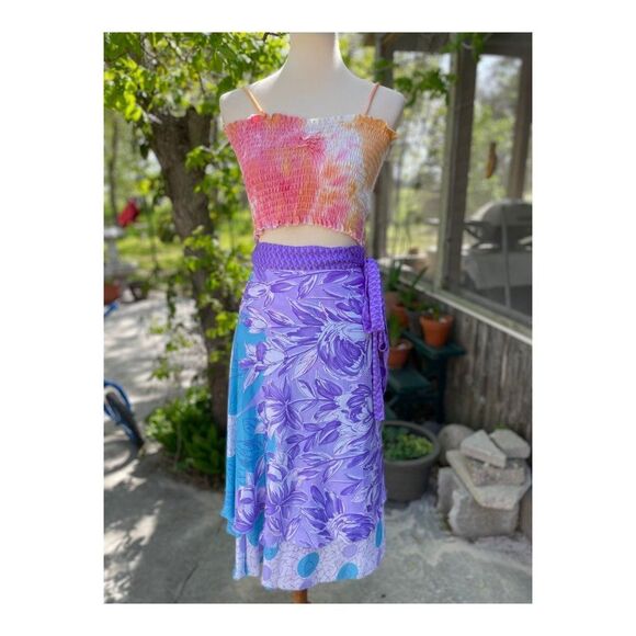 Jovani Designs Silk Blend Wrap Skirt Mix Print Beach Travel Purple Blue Sz M - Picture 1 of 9